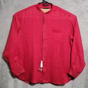 Paul Fredrick Shirt Mens XL Red Linen Classic Fit Band Collar Button Up